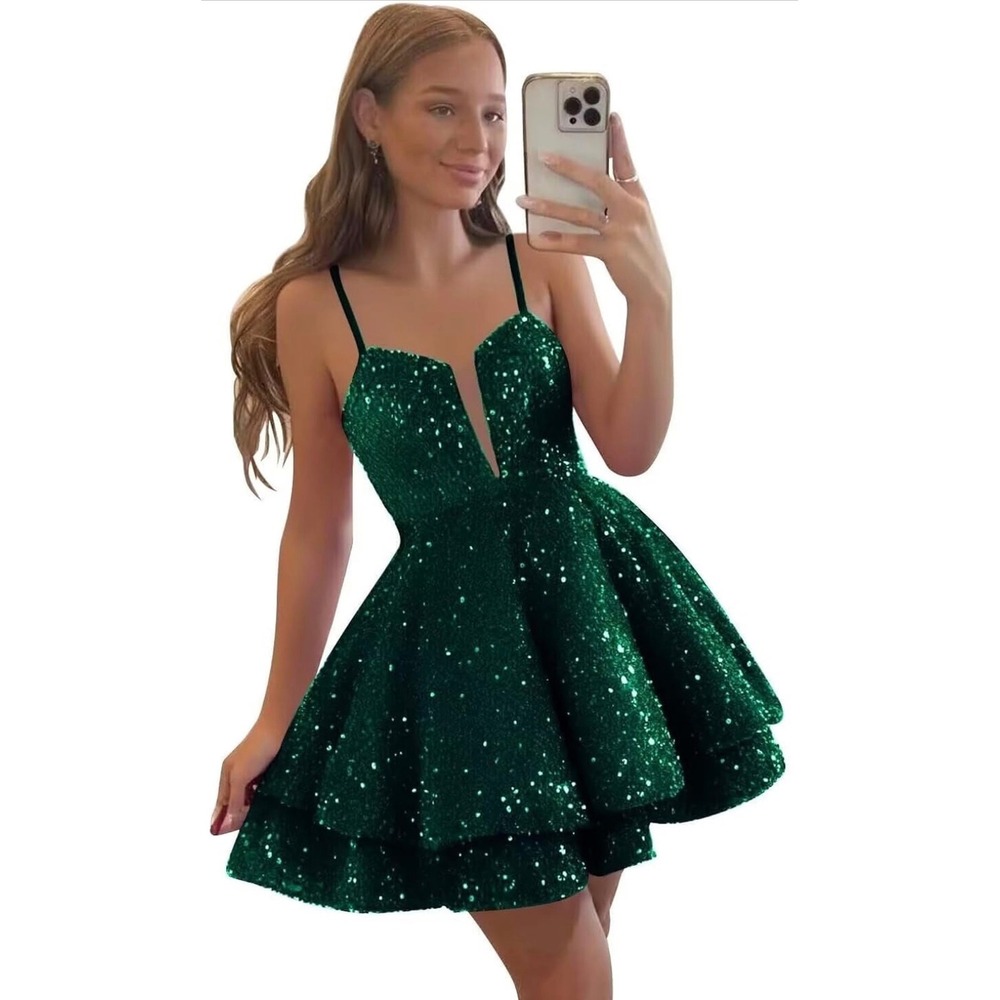 Wear Your Love Sequin Homecoming Dress Women 20 Green Corset Back Tiered Mini